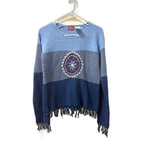 Jordache Sweater Women's Size Small Blue True Y2k Crochet Beaded Fringe Boho